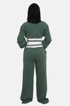 Crop Top Jacket and Wide Leg Pants Outfit Set Green/White