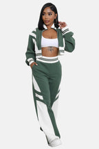 Crop Top Jacket and Wide Leg Pants Outfit Set Green/White