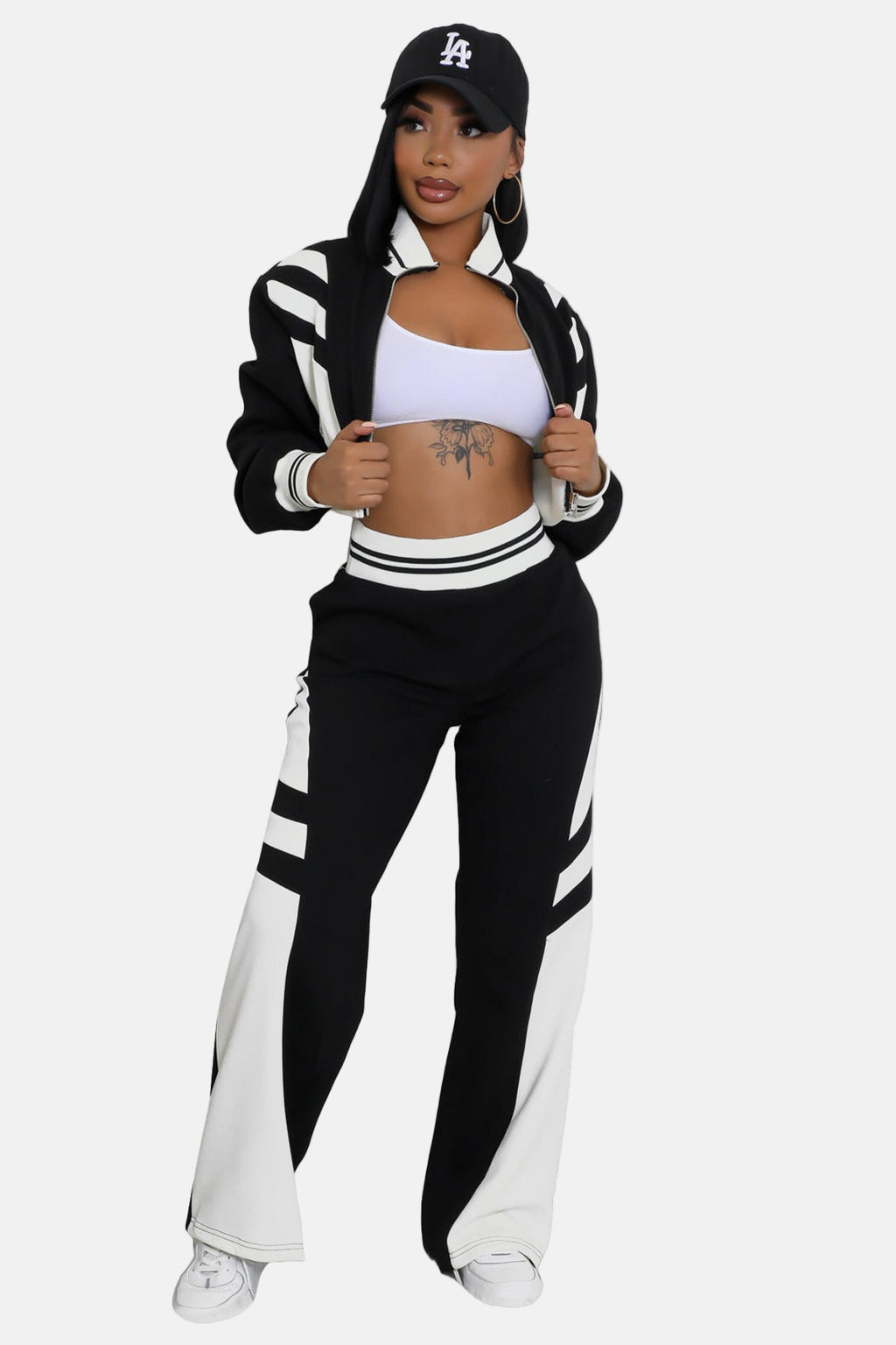 Crop Top Jacket and Wide Leg Pants Outfit Set Black/White