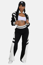 Crop Top Jacket and Wide Leg Pants Outfit Set Black/White