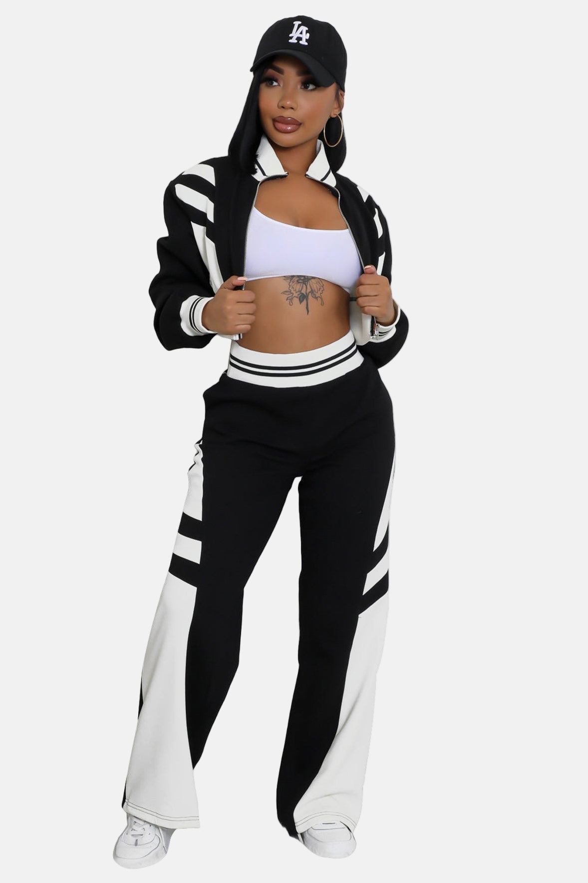Crop Top Jacket and Wide Leg Pants Outfit Set Black/White