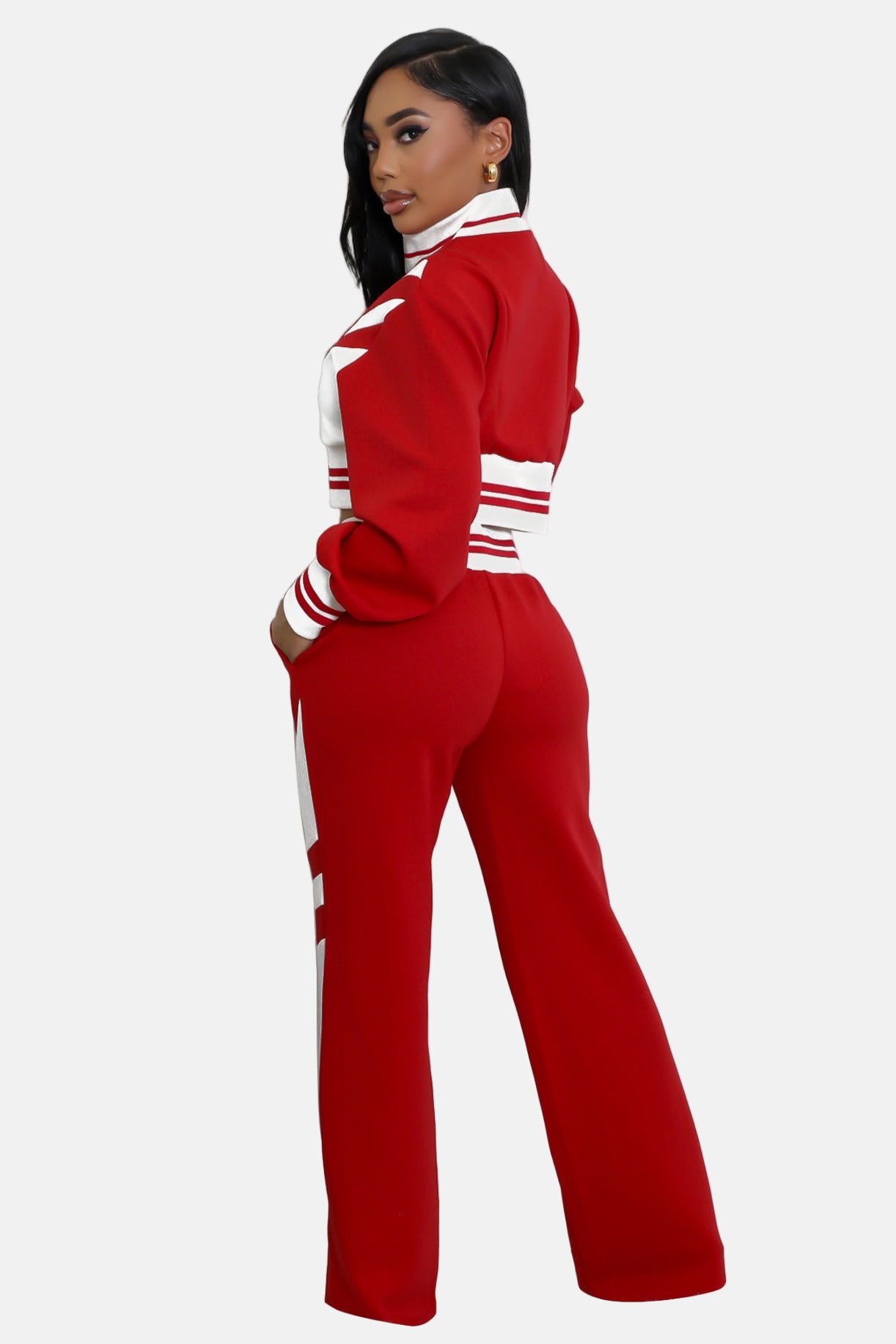 Crop Top Jacket and Wide Leg Pants Outfit Set Red/White