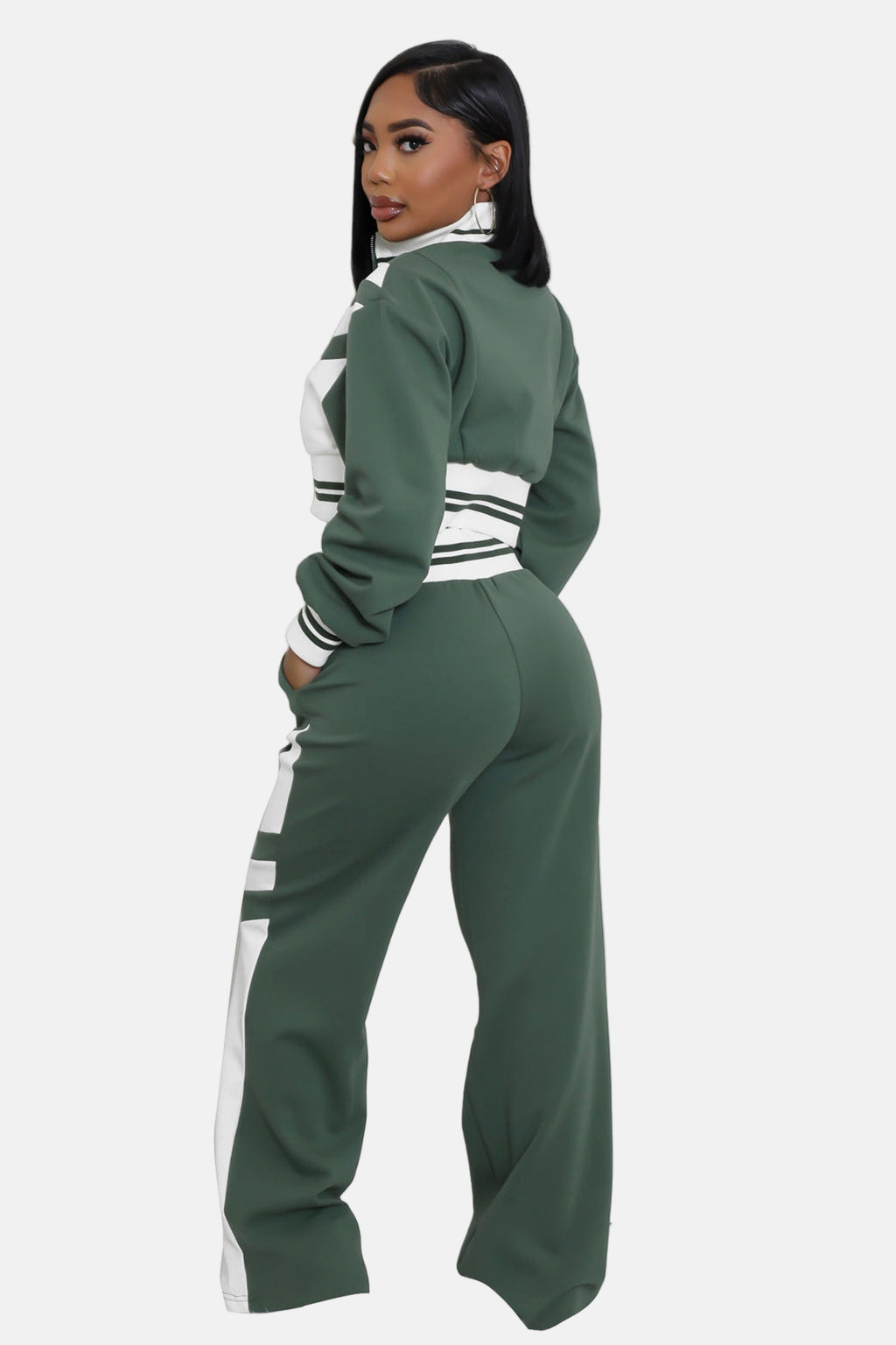 Crop Top Jacket and Wide Leg Pants Outfit Set Green/White