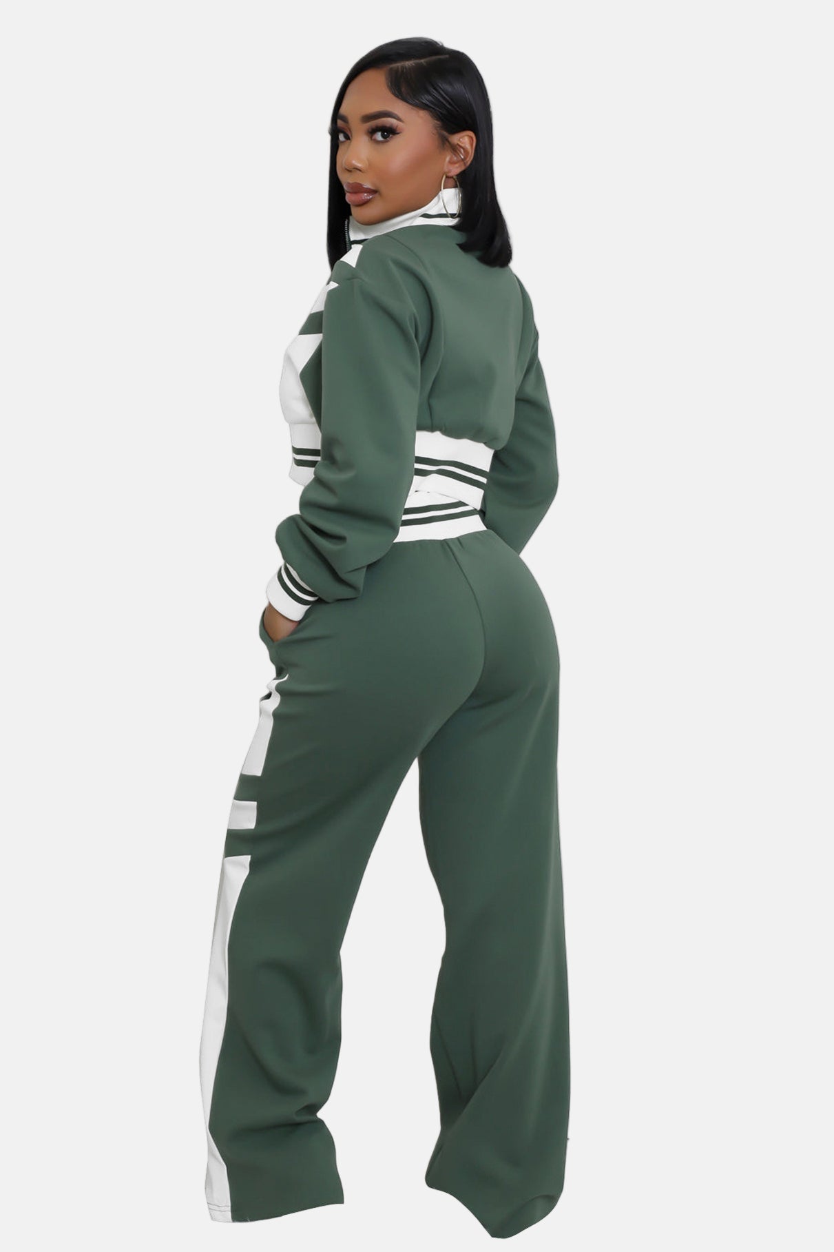 Crop Top Jacket and Wide Leg Pants Outfit Set Green/White
