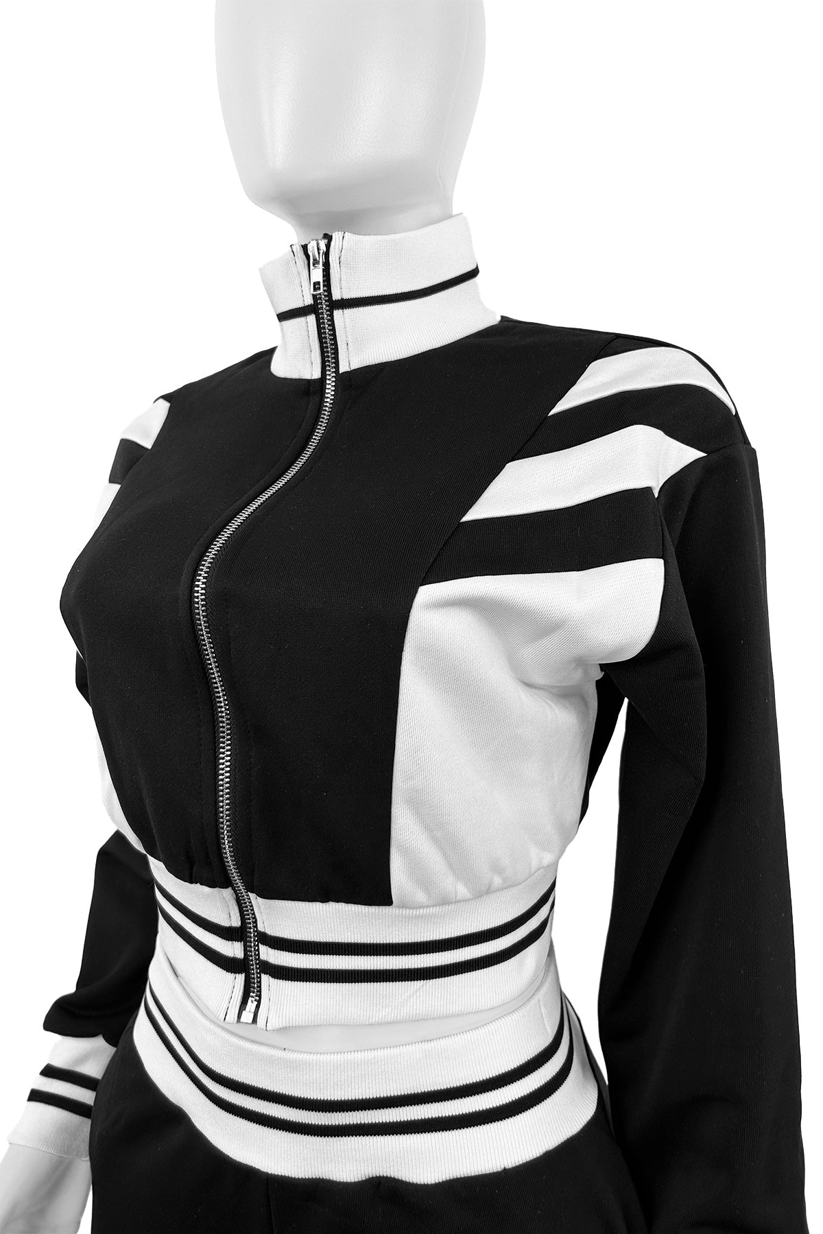 Crop Top Jacket and Wide Leg Pants Outfit Set Black/White