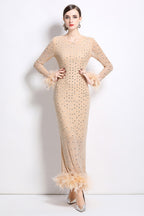 Crystal Rhinestone Party Maxi Dress Beige