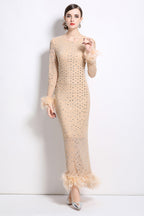 Crystal Rhinestone Party Maxi Dress Beige