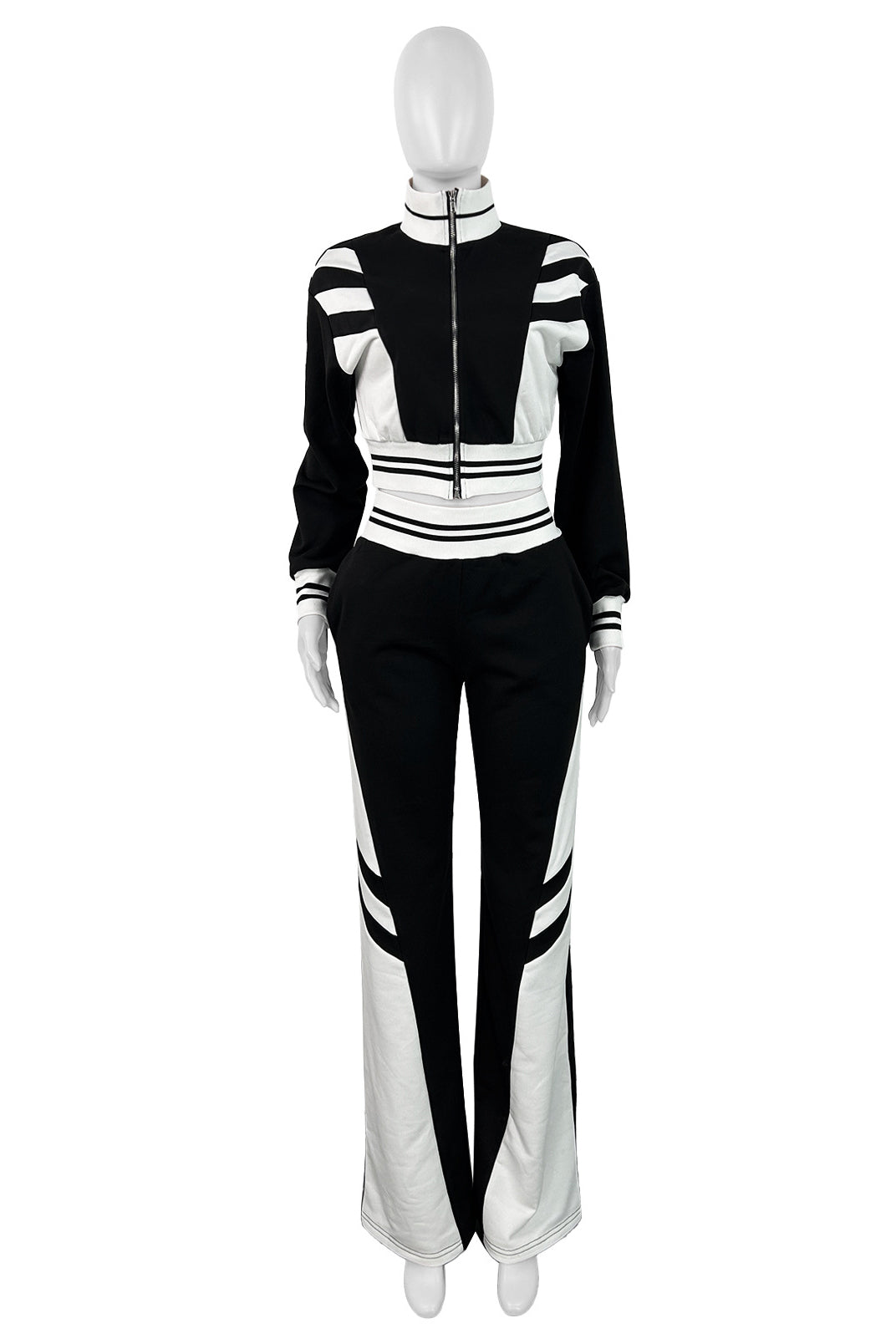Crop Top Jacket and Wide Leg Pants Outfit Set Black/White
