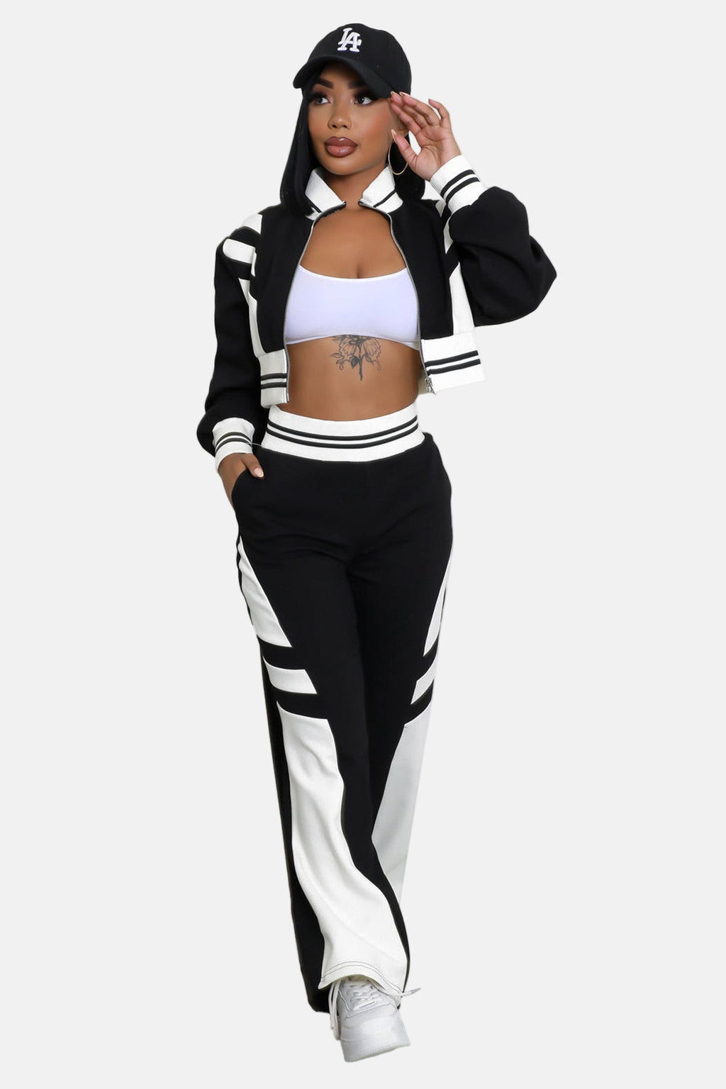 Crop Top Jacket and Wide Leg Pants Outfit Set Black/White