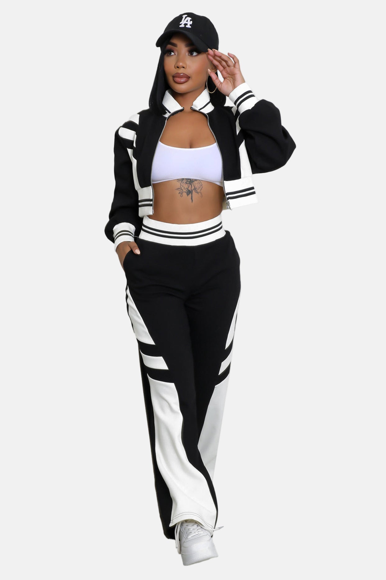 Crop Top Jacket and Wide Leg Pants Outfit Set Black/White