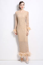 Crystal Rhinestone Party Maxi Dress Beige