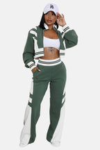 Crop Top Jacket and Wide Leg Pants Outfit Set Green/White