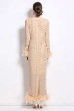 Crystal Rhinestone Party Maxi Dress Beige