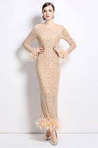 Crystal Rhinestone Party Maxi Dress Beige