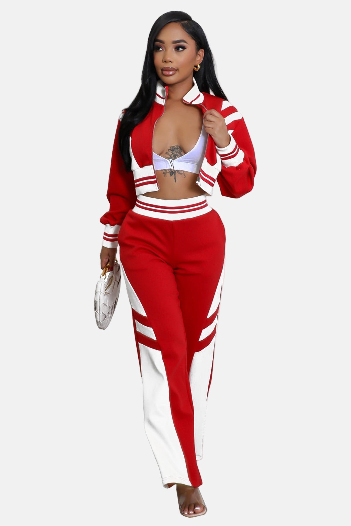 Crop Top Jacket and Wide Leg Pants Outfit Set Red/White