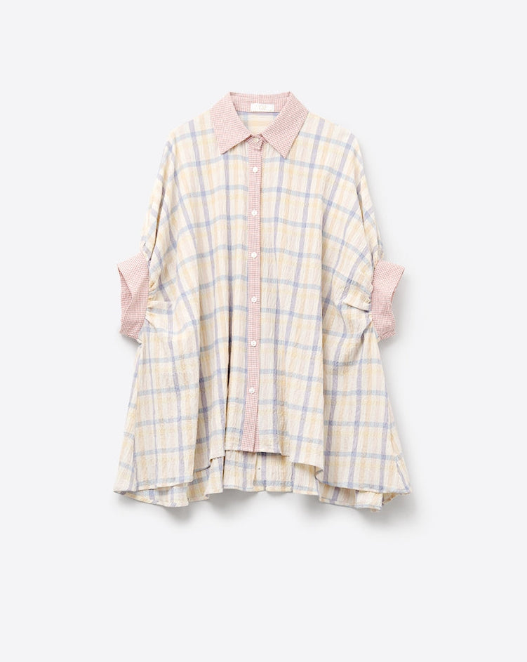 Oversized Flowy Blouse with Checked Contrast