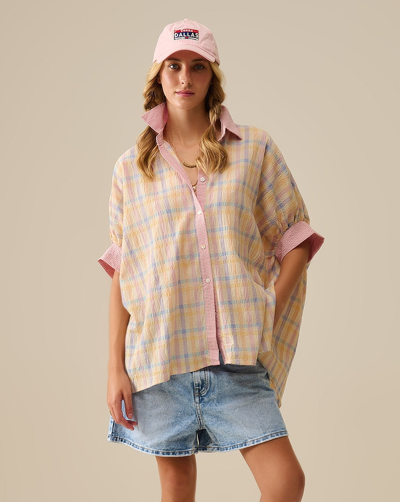Oversized Flowy Blouse with Checked Contrast