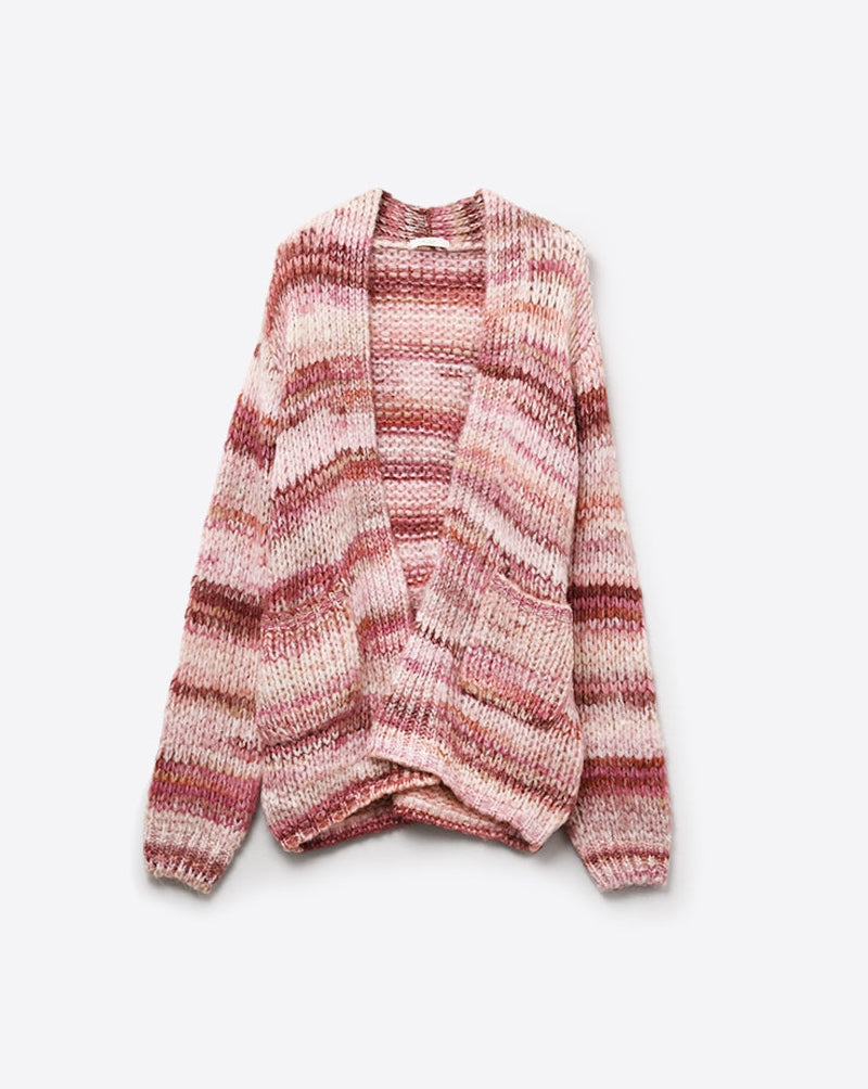 Oversized Mottled Striped Long Cardigan with Pockets in Pink
