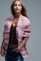 Oversized Mottled Striped Long Cardigan with Pockets in Pink