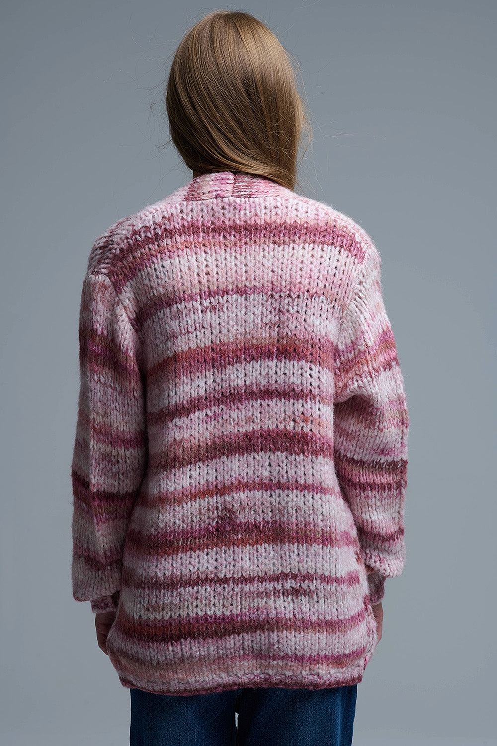 Oversized Mottled Striped Long Cardigan with Pockets in Pink