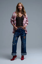 Oversized Mottled Striped Long Cardigan with Pockets in Pink