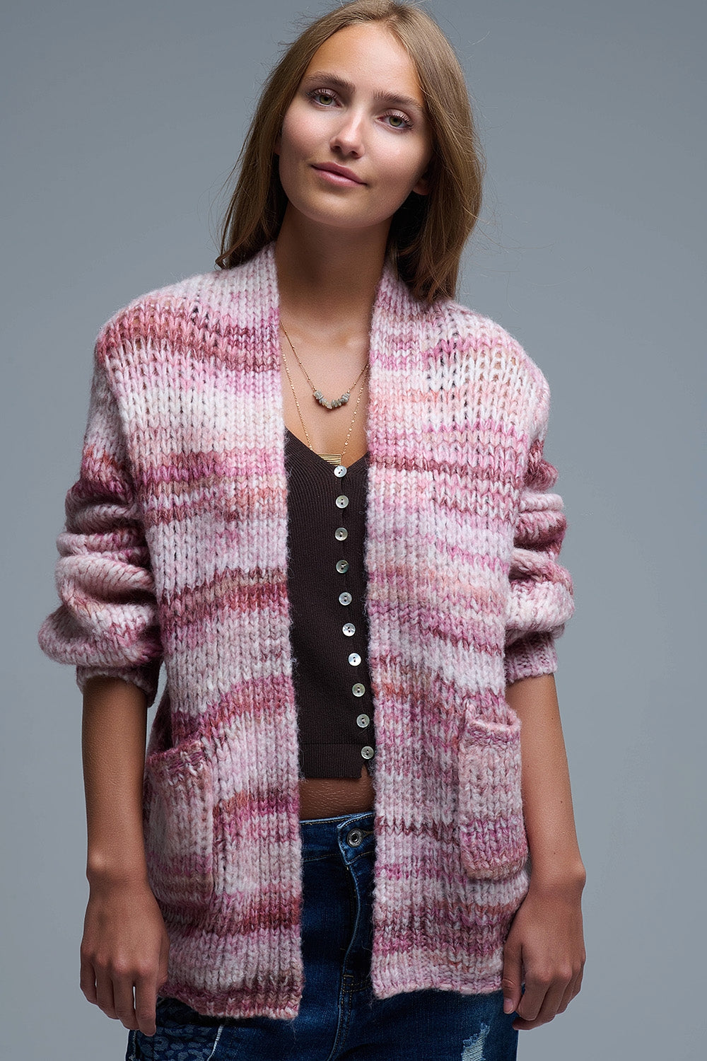 Oversized Mottled Striped Long Cardigan with Pockets in Pink