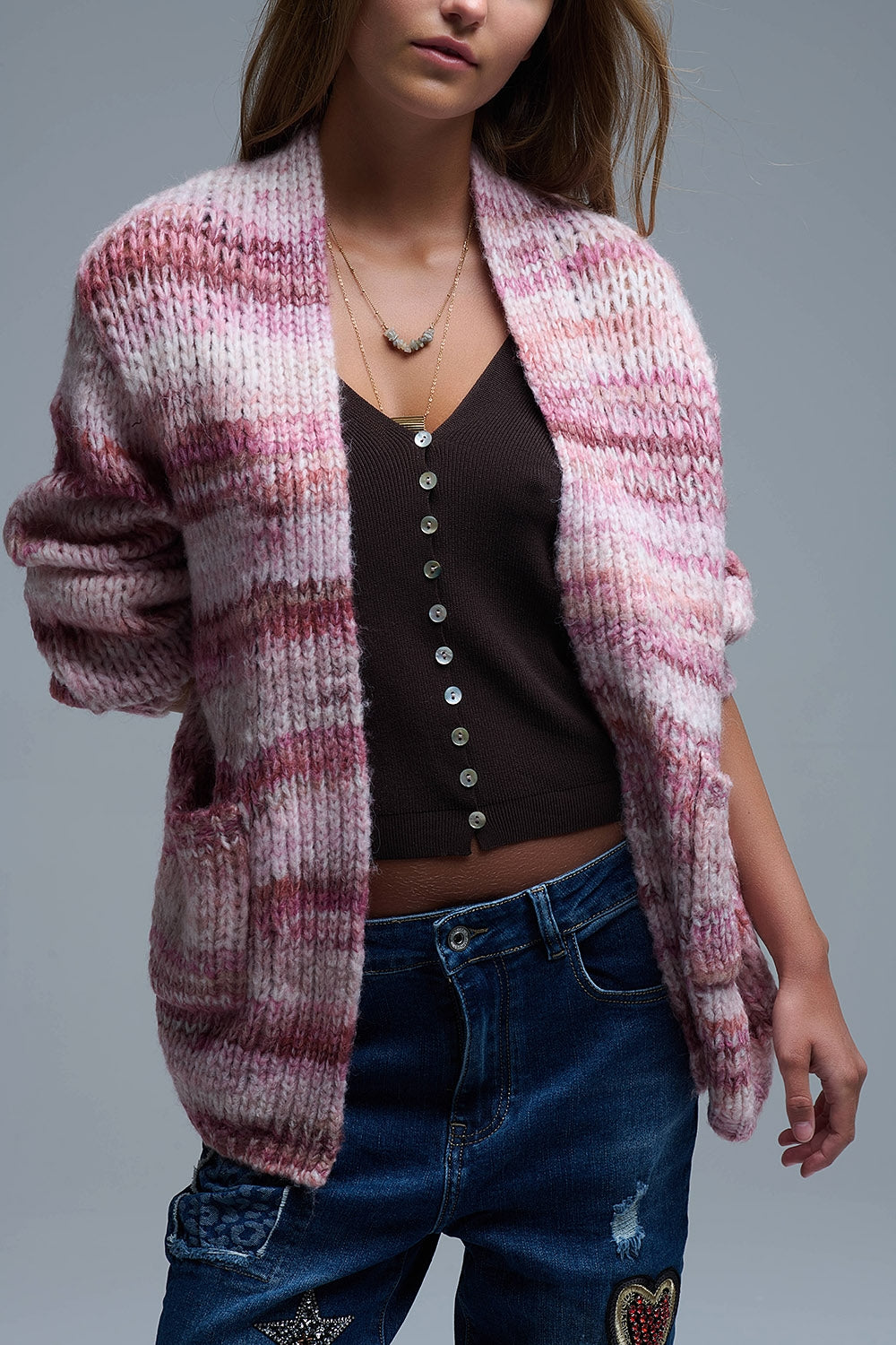 Oversized Mottled Striped Long Cardigan with Pockets in Pink