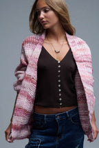 Oversized Mottled Striped Long Cardigan with Pockets in Pink