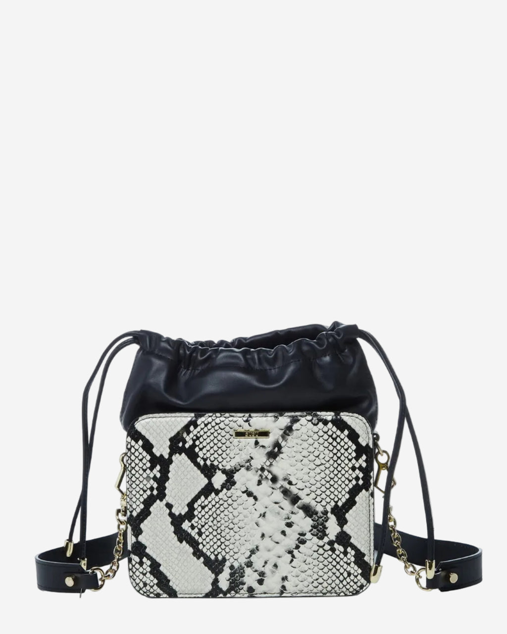 SUSU Leather Bucket Bag Black Purse Snakeskin Drawstring Design Medium Size Bag