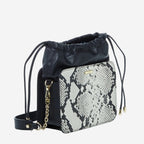 SUSU Leather Bucket Bag Black Purse Snakeskin Drawstring Design Medium Size Bag