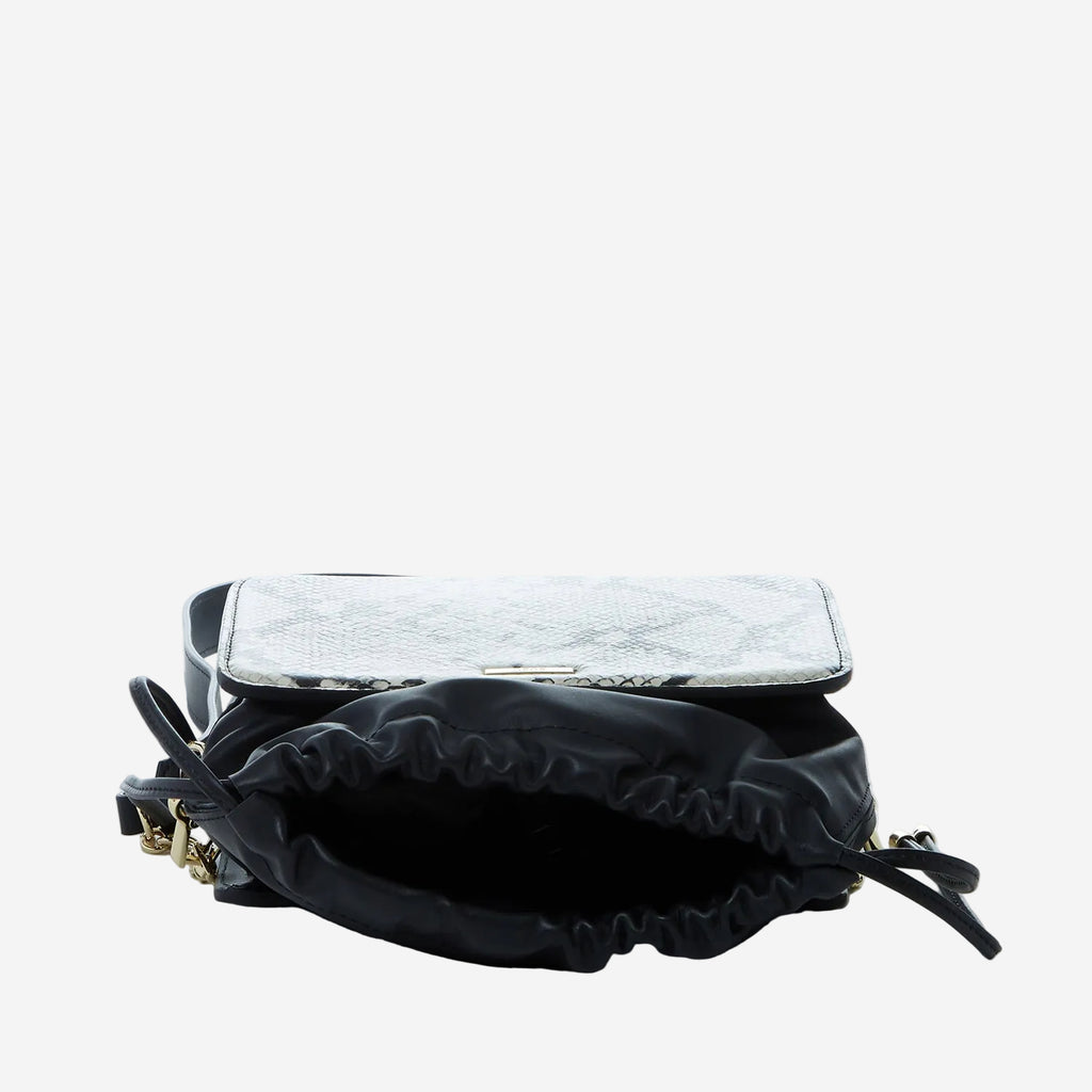 SUSU Leather Bucket Bag Black Purse Snakeskin Drawstring Design Medium Size Bag