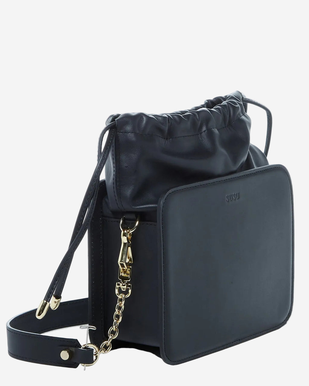 SUSU Leather Bucket Bag Black Purse Drawstring Design Medium Size Bag