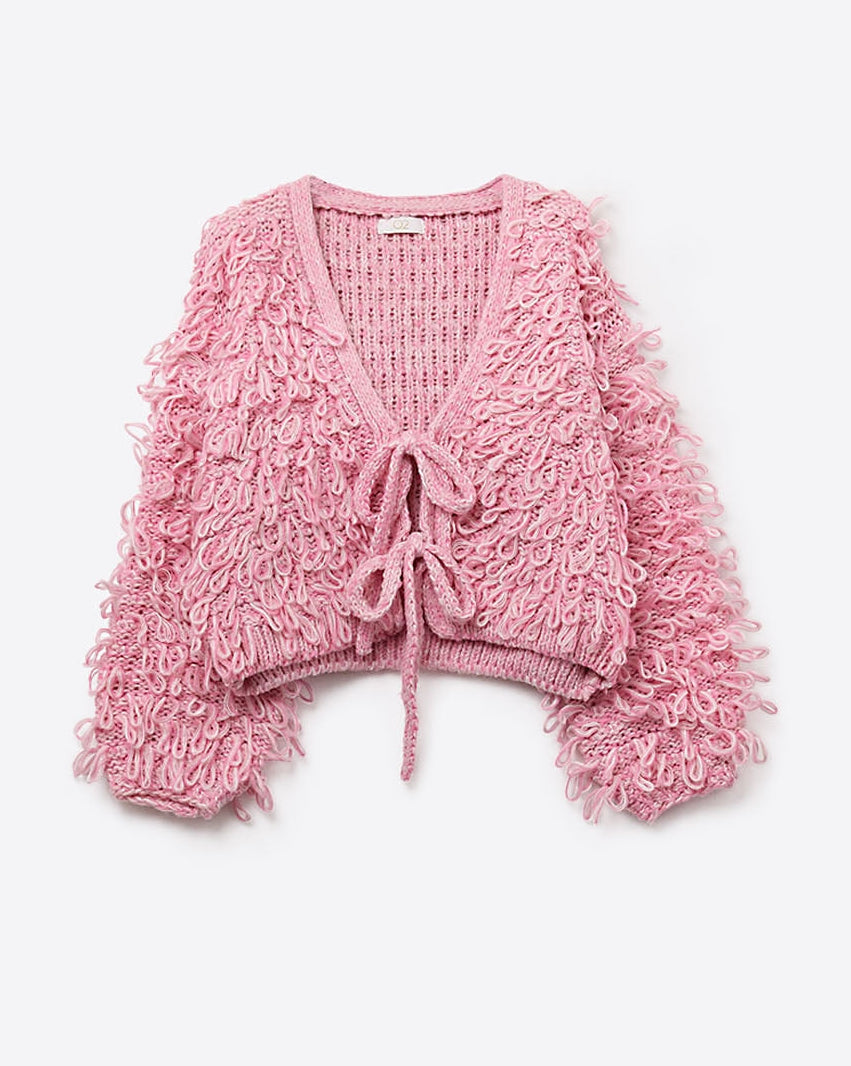 Pink Cropped Chunky Knit Cardigan with V-Neck and Front Tie Closure