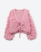 Pink Cropped Chunky Knit Cardigan with V-Neck and Front Tie Closure