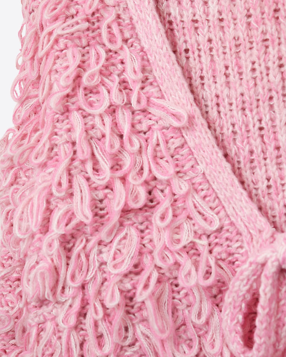 Pink Cropped Chunky Knit Cardigan with V-Neck and Front Tie Closure