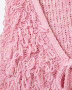 Pink Cropped Chunky Knit Cardigan with V-Neck and Front Tie Closure
