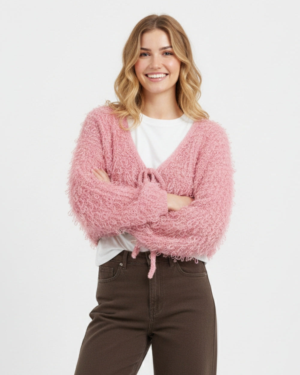 Pink Cropped Chunky Knit Cardigan with V-Neck and Front Tie Closure