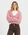 Pink Cropped Chunky Knit Cardigan with V-Neck and Front Tie Closure