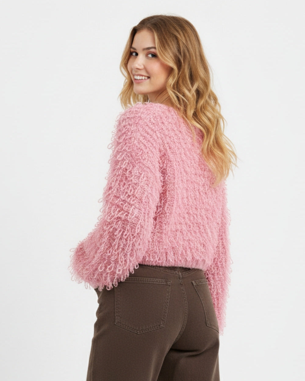 Pink Cropped Chunky Knit Cardigan with V-Neck and Front Tie Closure