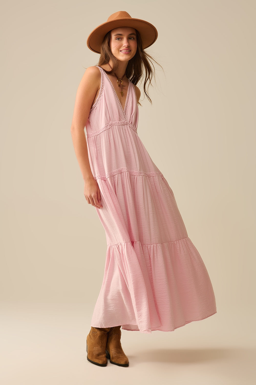 Pink Maxi Dress with Lace Details and Boho Style