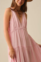 Pink Maxi Dress with Lace Details and Boho Style