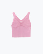 Pink Ribbed Knit Top with Scalloped V-Neck