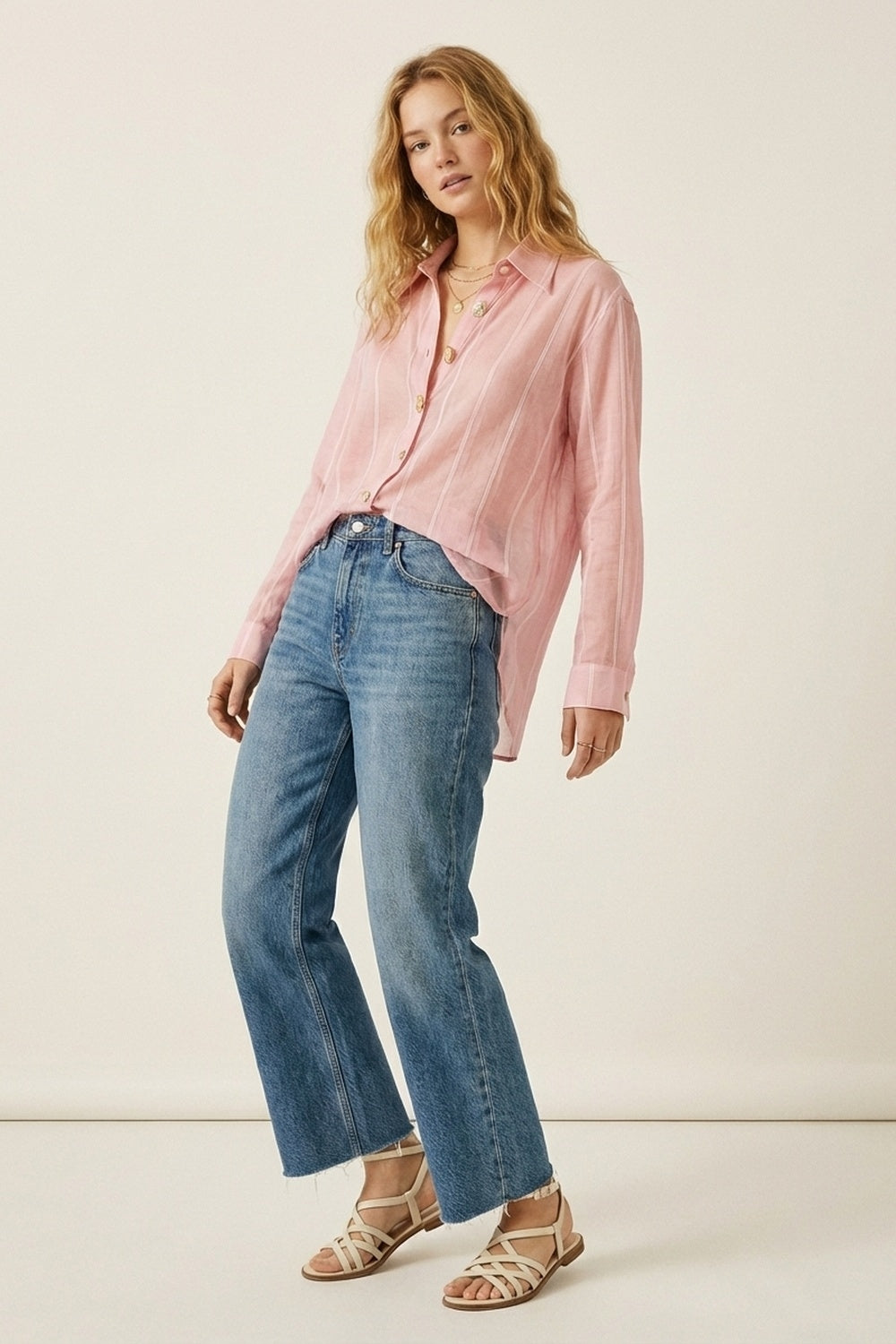 Pink Sheer Shirt with Vintage Button-Up