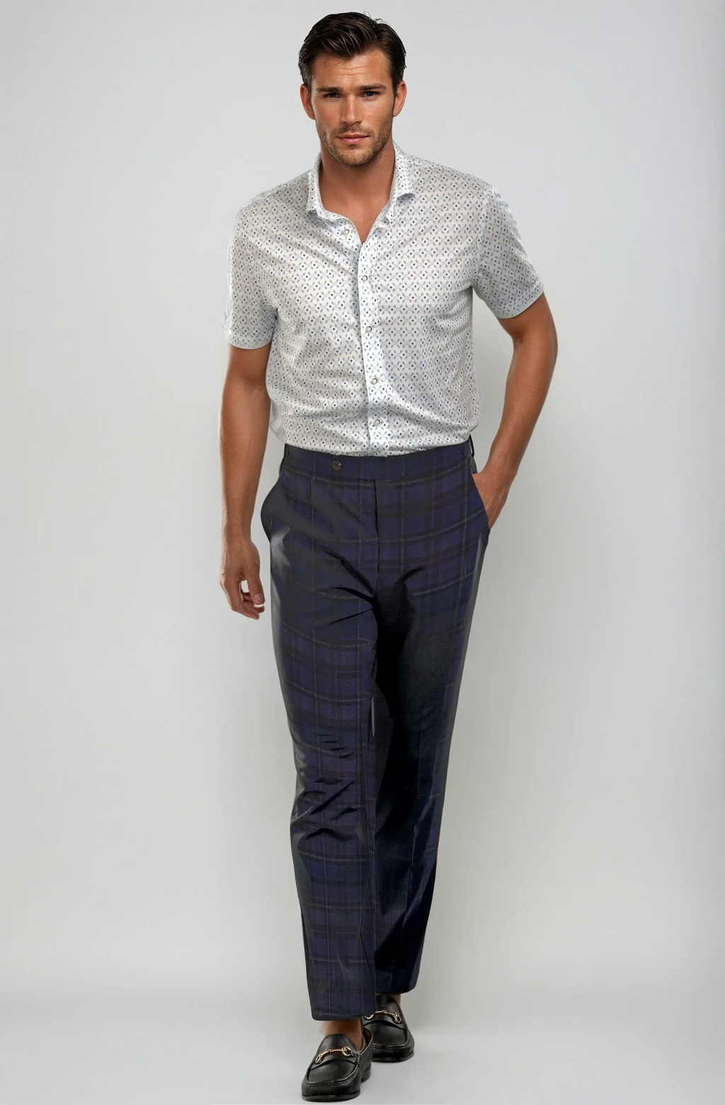 Pleated Wool Trouser Pants | Navy Plaid