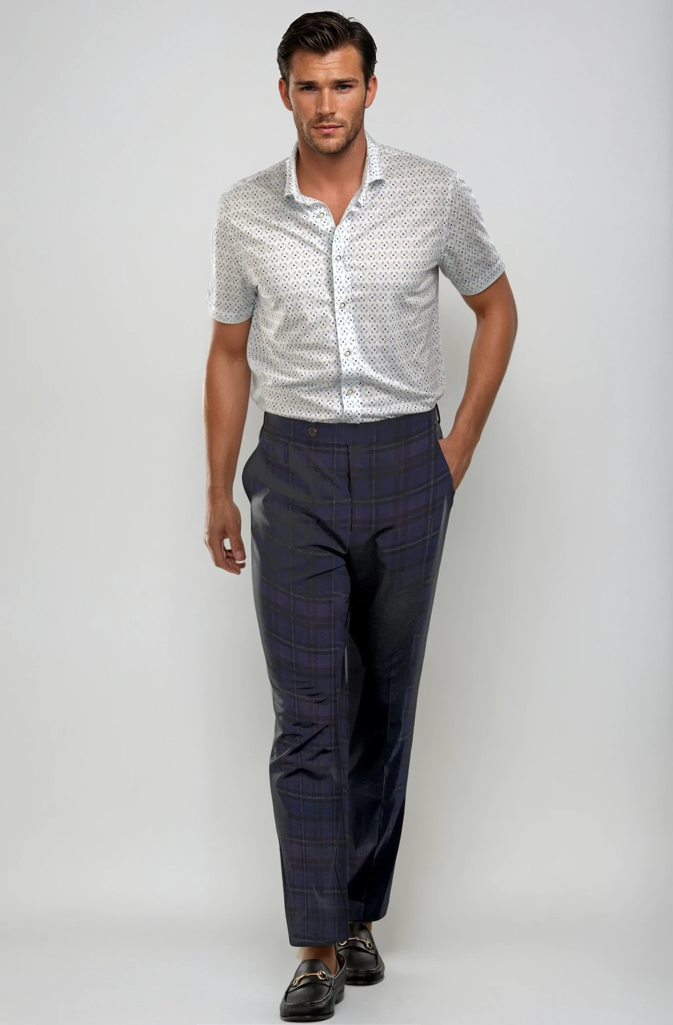 Pleated Wool Trouser Pants | Navy Plaid
