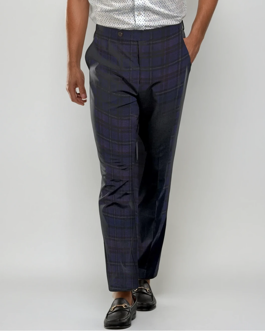 Pleated Wool Trouser Pants | Navy Plaid