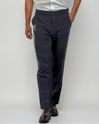 Pleated Wool Trouser Pants | Navy Plaid