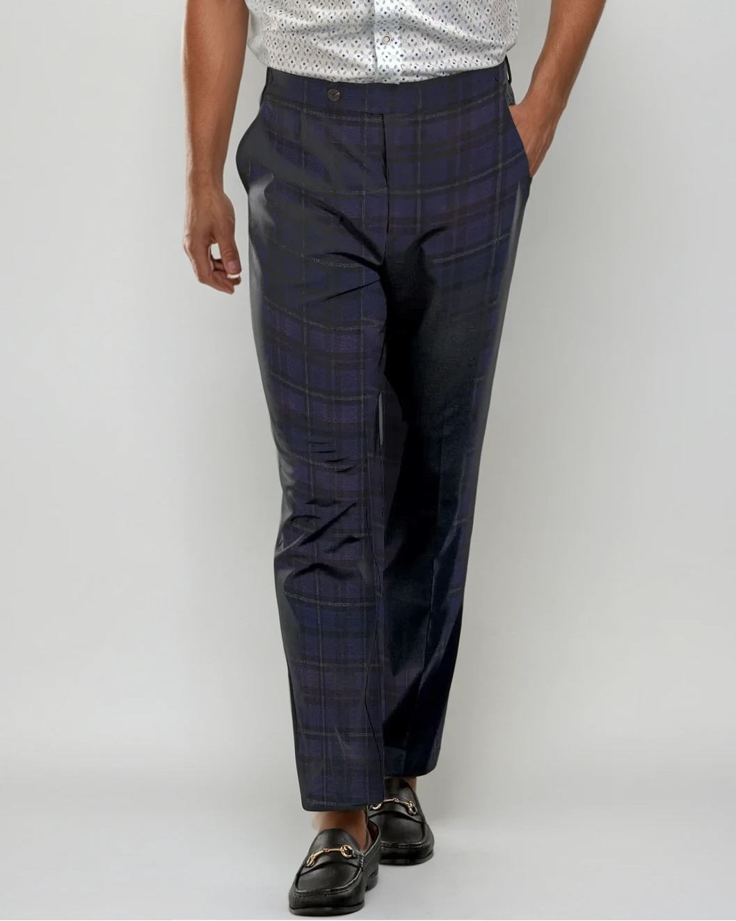 Pleated Wool Trouser Pants | Navy Plaid