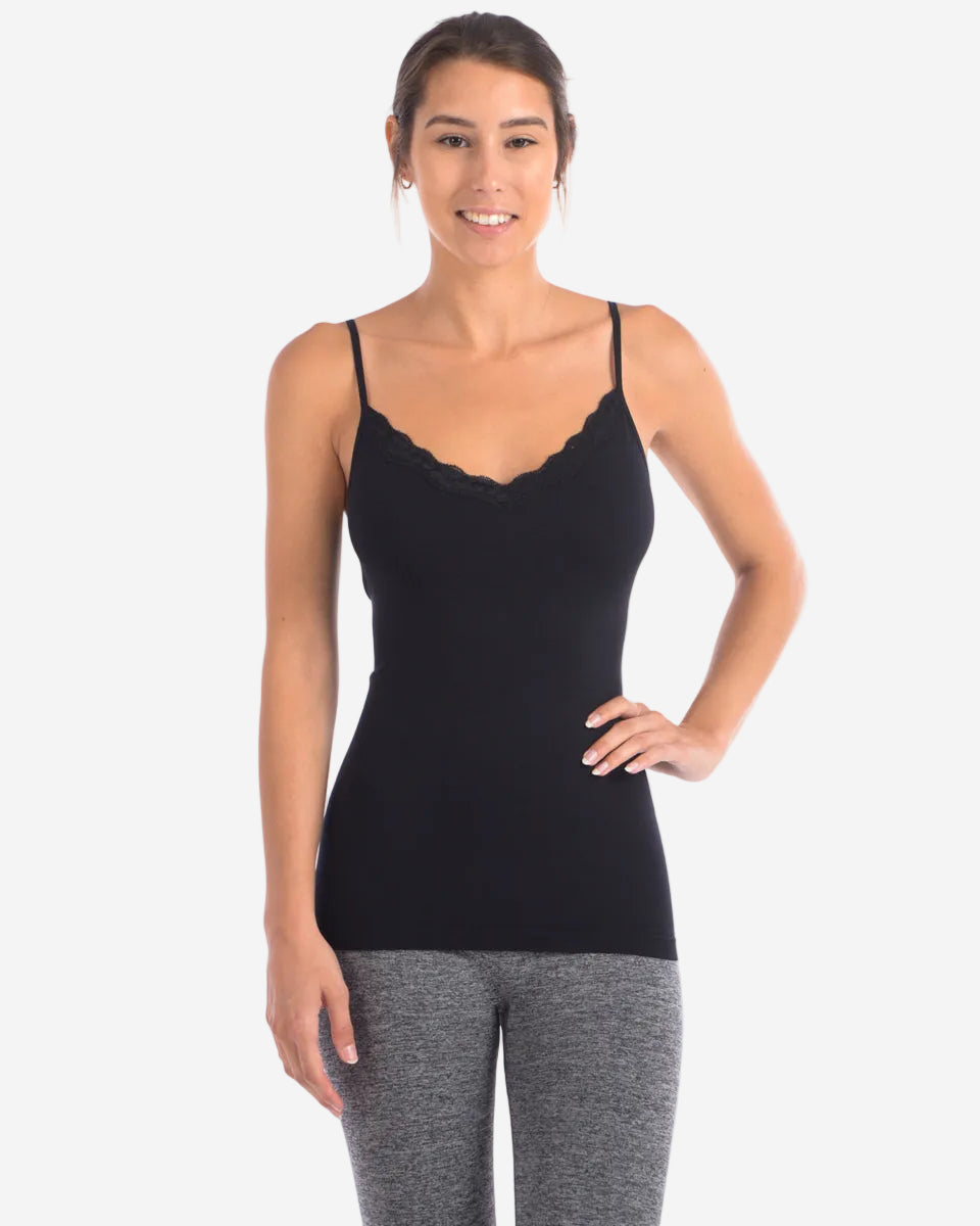 Seamless Slimming Camisole with Lace Trim at Neckline | Black