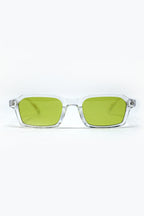 Rectangular Thick Acetate Clear Frame Sunglasses with Green Smoke Lense